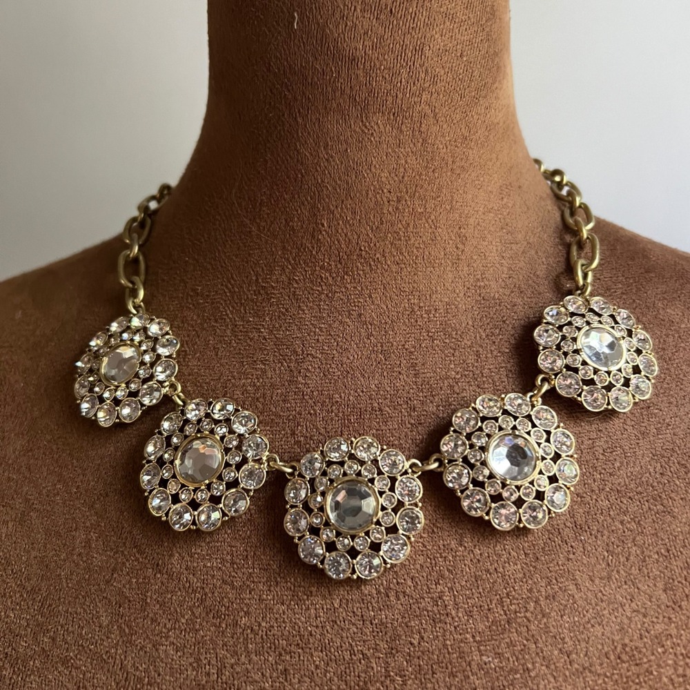 J. Crew Crystal Floral Medallion Statement Necklace Gold Tone 18-21 Inch Glam